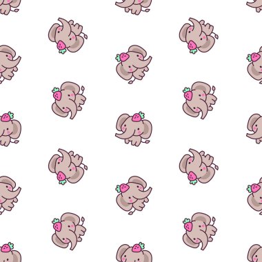 Şirin kawaii fili. Kusursuz desen. Çizgi film karakterleri. El çizimi stili. Vektör çizimi. Tasarım süslemeleri.