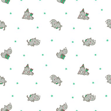 Tatlı kawaii gergedanı. Kusursuz desen. Çizgi film gergedanları. Hayvan karakteri. El çizimi stili. Vektör çizimi. Tasarım süslemeleri.