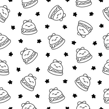 Şirin kawaii hayvan burgeri. Kusursuz desen. Boyama sayfası. Komik yemek. Çizburger çizgi filmi. El çizimi stili. Vektör çizimi. Tasarım süslemeleri.