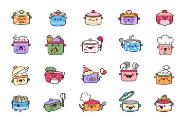 Şirin kawaii tencereleri. Komik çizgi film karakterleri. El çizimi stili. Vektör çizimi. Tasarım elementlerinin koleksiyonu.