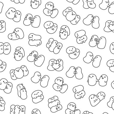 Şirin arkadaşlar kawaii tapyoka incileri. Kusursuz desen. Boyama sayfası. Çizgi film karakterleri. El çizimi stili. Vektör çizimi. Tasarım süslemeleri.