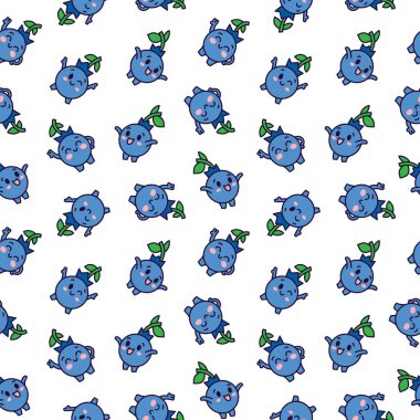 Kawaii yaban mersini çizgi film karakteri. Kusursuz desen. Farklı duygularda tatlı meyveler. El çizimi stili. Vektör çizimi. Tasarım süslemeleri.