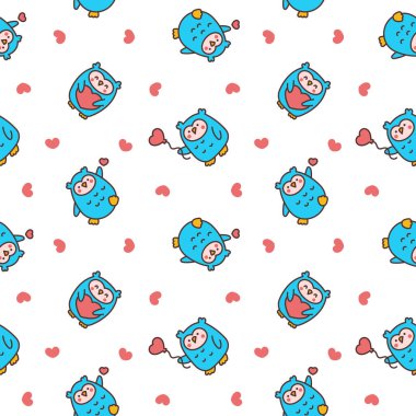 Şirin kawaii baykuşu. Kusursuz desen. Çizgi film komik vahşi hayvan karakteri. El çizimi stili. Vektör çizimi. Tasarım süslemeleri.