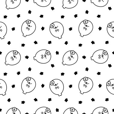 Şirin kawaii yavru fokları. Kusursuz desen. Boyama sayfası. Komik çizgi film karakterleri Kuzey Kutbu ve Antarktika hayvanları. El çizimi stili. Vektör çizimi. Tasarım süslemeleri.