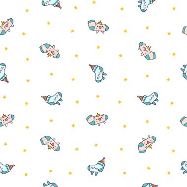 Farklı dokuları olan sevimli kawaii çoraplı çizgi film karakteri. Kusursuz desen. El çizimi stili. Vektör çizimi. Tasarım süslemeleri.