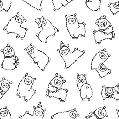 Şirin kawaii küçük lama. Kusursuz desen. Boyama sayfası. Çizgi film komik alpaka, hayvan karakteri. El çizimi stili. Vektör çizimi. Tasarım süslemeleri.