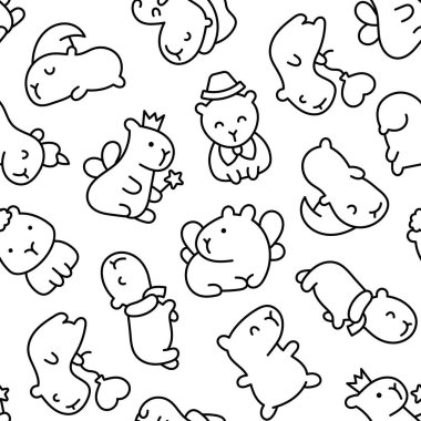 Kawaii mutlu Capybara. Kusursuz desen. Boyama sayfası. Sevimli çizgi film komik hayvan karakteri. El çizimi stili. Vektör çizimi. Tasarım süslemeleri.