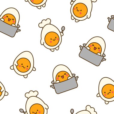 Şirin kawaii haşlanmış yumurta ve komik yüzler. Kusursuz desen. Çizgi film mutlu yemek karakterleri. El çizimi stili. Vektör çizimi. Tasarım süslemeleri.