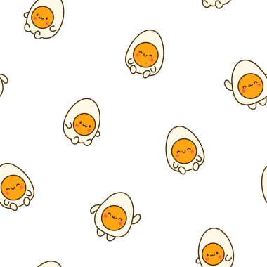 Şirin kawaii haşlanmış yumurta ve komik yüzler. Kusursuz desen. Çizgi film mutlu yemek karakterleri. El çizimi stili. Vektör çizimi. Tasarım süslemeleri.