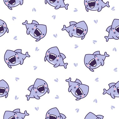 Komik kawaii okyanus köpekbalığı. Kusursuz desen. Gülümseyen çeneler ve komik deniz hayvanları karakteri. El çizimi stili. Vektör çizimi. Tasarım süslemeleri.