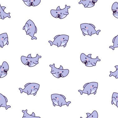 Komik kawaii okyanus köpekbalığı. Kusursuz desen. Gülümseyen çeneler ve komik deniz hayvanları karakteri. El çizimi stili. Vektör çizimi. Tasarım süslemeleri.