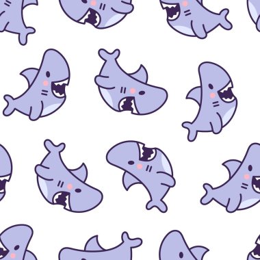 Komik kawaii okyanus köpekbalığı. Kusursuz desen. Gülümseyen çeneler ve komik deniz hayvanları karakteri. El çizimi stili. Vektör çizimi. Tasarım süslemeleri.