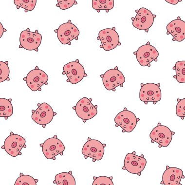Şirin kawaii küçük domuz. Kusursuz desen. Güzel bir çizgi film karakteri gibi gülümsüyor. El çizimi stili. Vektör çizimi. Tasarım süslemeleri.