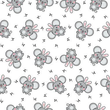 Şirin kawaii faresi. Kusursuz desen. Çizgi film mutlu yavru fare karakterleri. El çizimi stili. Vektör çizimi. Tasarım süslemeleri.