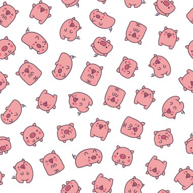 Şirin kawaii küçük domuz. Kusursuz desen. Güzel bir çizgi film karakteri gibi gülümsüyor. El çizimi stili. Vektör çizimi. Tasarım süslemeleri.