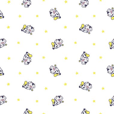 Şirin kawaii bebek inek. Kusursuz desen. Farklı pozlarda çizgi filmlerdeki çiftlik hayvanı karakteri. El çizimi stili. Vektör çizimi. Tasarım süslemeleri.