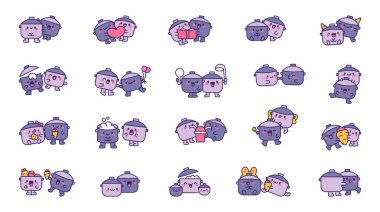 Birkaç tatlı tava. Komik mutfak aletleri. El çizimi stili. Vektör çizimi. Tasarım elementlerinin koleksiyonu.