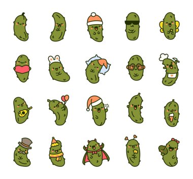 Çekici kawaii salatalığı. Komik çizgi film karakteri. El çizimi stili. Vektör çizimi. Tasarım elementlerinin koleksiyonu.