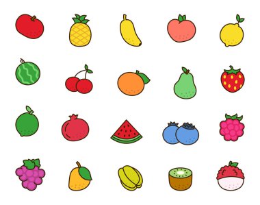 Meyveli organik ürünler. Olgun sulu yiyecekler. El çizimi stili. Vektör çizimi. Tasarım elementlerinin koleksiyonu.