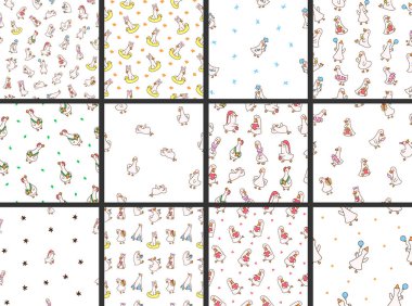 Funny farm duck characters. Seamless pattern. Cute cartoon kawaii goose. Hand drawn style. Vector drawing. Collection of design ornaments.