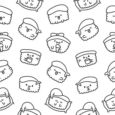 Funny kawaii sushi with cute faces. Seamless pattern. Coloring Page. Japanese traditional cuisine dishes characters. Hand drawn style. Vector drawing. Design ornaments.