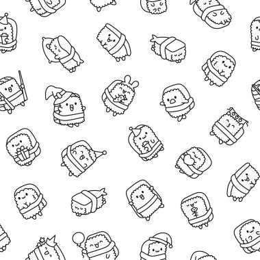 Happy sushi characters in different poses. Seamless pattern. Coloring Page. Funny cartoon food. Hand drawn style. Vector drawing. Design ornaments.