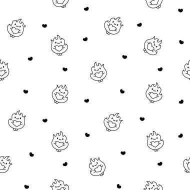 Cute kawaii fire character. Seamless pattern. Coloring Page. Hot cartoon flame energy. Hand drawn style. Vector drawing. Design ornaments.