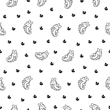 Cute kawaii seahorse. Seamless pattern. Coloring Page. Cartoon underwater animal characters. Hand drawn style. Vector drawing. Design ornaments.