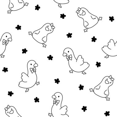 Cute kawaii goose. Seamless pattern. Coloring Page. Cartoon funny duck characters. Hand drawn style. Vector drawing. Design ornaments.