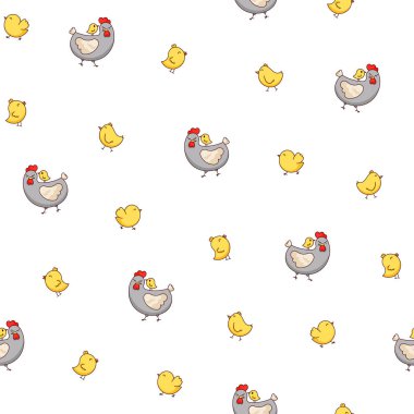Tavuk horozu ve piliç. Kusursuz desen. Sevimli tavuk çiftliği karakterleri. Vektör çizimi. Tasarım süslemeleri.