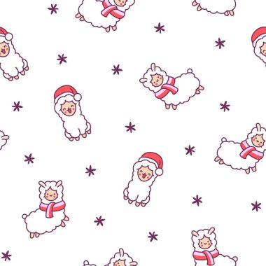 Güzel alpaka çizgi film karakteri. Kusursuz desen. Şirin kawaii hayvanı. El çizimi stili. Vektör çizimi. Tasarım süslemeleri.