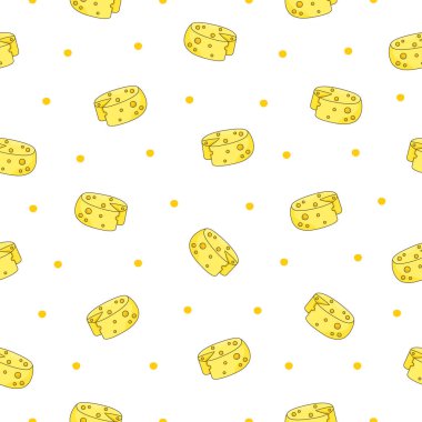 Dilimler ve peynir dilimleri. Kusursuz desen. Parmesan, mozzarella, hollandaise, ricotta, farklı türde. El stili. Vektör çizimi. Tasarım süslemeleri.