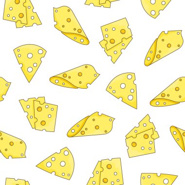 Dilimler ve peynir dilimleri. Kusursuz desen. Parmesan, mozzarella, hollandaise, ricotta, farklı türde. El stili. Vektör çizimi. Tasarım süslemeleri.