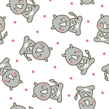 Tatlı kawaii gergedanı. Kusursuz desen. Çizgi film gergedanları. Hayvan karakteri. El çizimi stili. Vektör çizimi. Tasarım süslemeleri.