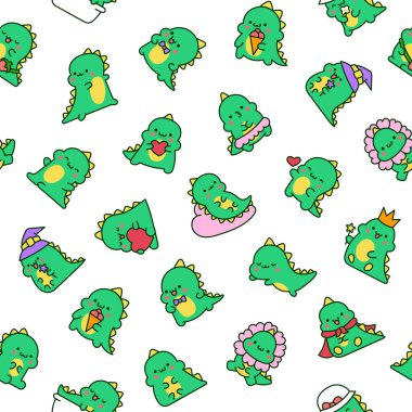 Şirin kawaii bebek ejderhası. Kusursuz desen. Küçük komik dinozor çizgi film karakteri. El çizimi stili. Vektör çizimi. Tasarım süslemeleri.