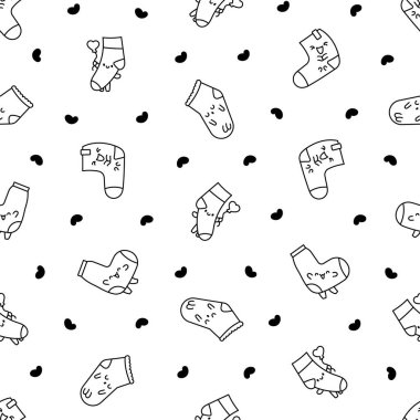 Farklı dokuları olan sevimli kawaii çoraplı çizgi film karakteri. Kusursuz desen. Boyama sayfası. El çizimi stili. Vektör çizimi. Tasarım süslemeleri.