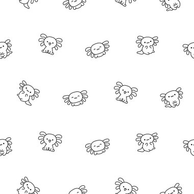 Şirin kawaii küçük axolotl. Kusursuz desen. Boyama sayfası. Güzel bir çizgi film karakteri gibi gülümsüyor. El çizimi stili. Vektör çizimi. Tasarım süslemeleri.