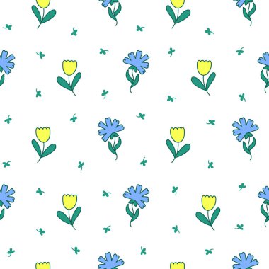 Yapraklı bahar çiçekleri. Kusursuz desen. Botanik yaprağı. El çizimi stili. Vektör çizimi. Tasarım süslemeleri.