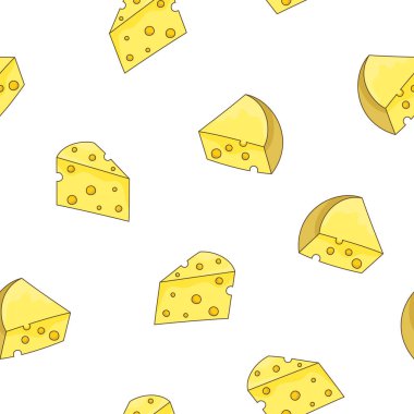 Dilimler ve peynir dilimleri. Kusursuz desen. Parmesan, mozzarella, hollandaise, ricotta, farklı türde. El stili. Vektör çizimi. Tasarım süslemeleri.