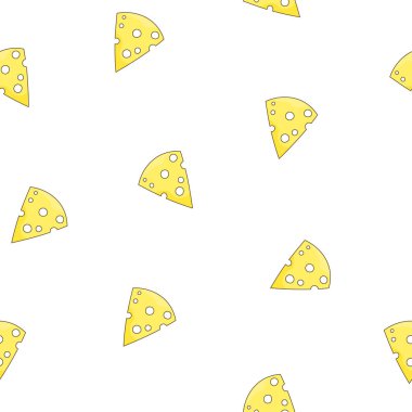 Dilimler ve peynir dilimleri. Kusursuz desen. Parmesan, mozzarella, hollandaise, ricotta, farklı türde. El stili. Vektör çizimi. Tasarım süslemeleri.