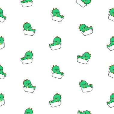 Şirin kawaii bebek ejderhası. Kusursuz desen. Küçük komik dinozor çizgi film karakteri. El çizimi stili. Vektör çizimi. Tasarım süslemeleri.