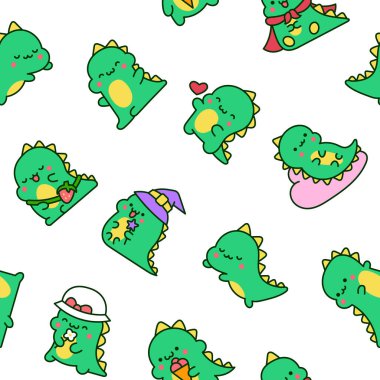 Şirin kawaii bebek ejderhası. Kusursuz desen. Küçük komik dinozor çizgi film karakteri. El çizimi stili. Vektör çizimi. Tasarım süslemeleri.