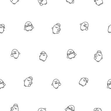 Şirin kawaii pengueni. Kusursuz desen. Boyama sayfası. Güzel hayvanlar çizgi film karakteri. El çizimi stili. Vektör çizimi. Tasarım süslemeleri.