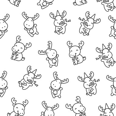 Şirin kawaii geyik karakteri. Kusursuz desen. Boyama sayfası. Çizgi film komik vahşi hayvan. El çizimi stili. Vektör çizimi. Tasarım süslemeleri.