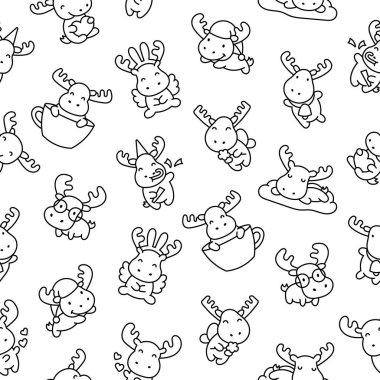 Şirin kawaii geyik karakteri. Kusursuz desen. Boyama sayfası. Çizgi film komik vahşi hayvan. El çizimi stili. Vektör çizimi. Tasarım süslemeleri.