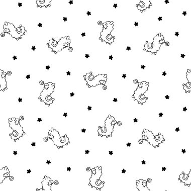 Güzel alpaka çizgi film karakteri. Kusursuz desen. Boyama sayfası. Şirin kawaii hayvanı. El çizimi stili. Vektör çizimi. Tasarım süslemeleri.