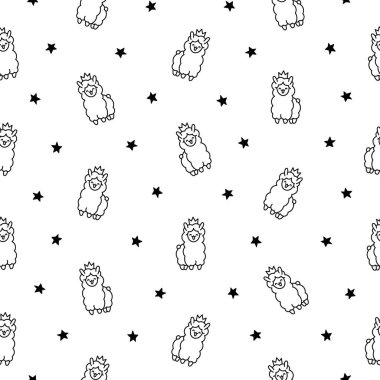 Güzel alpaka çizgi film karakteri. Kusursuz desen. Boyama sayfası. Şirin kawaii hayvanı. El çizimi stili. Vektör çizimi. Tasarım süslemeleri.