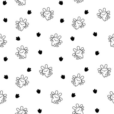 Şirin kawaii küçük axolotl. Kusursuz desen. Boyama sayfası. Güzel bir çizgi film karakteri gibi gülümsüyor. El çizimi stili. Vektör çizimi. Tasarım süslemeleri.