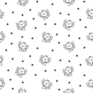 Şirin kawaii küçük axolotl. Kusursuz desen. Boyama sayfası. Güzel bir çizgi film karakteri gibi gülümsüyor. El çizimi stili. Vektör çizimi. Tasarım süslemeleri.