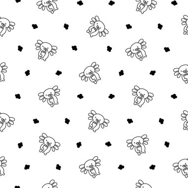 Şirin kawaii küçük axolotl. Kusursuz desen. Boyama sayfası. Güzel bir çizgi film karakteri gibi gülümsüyor. El çizimi stili. Vektör çizimi. Tasarım süslemeleri.